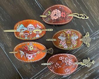 Handmade Leather Hair Barrette with Stick and  Hand Painted Designs