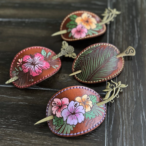 Handmade Leather Hair Barrette with Stick and Hand Painted Tropical Designs