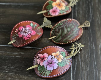 Handmade Leather Hair Barrette with Stick and Hand Painted Tropical Designs