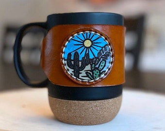 Desert Scene Handmade Leather Wrapped Cork Base Ceramic Mug | Hand Painted and Laser Engraved