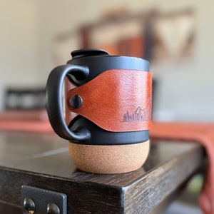 Leather wrapped laser engraved mountain mug