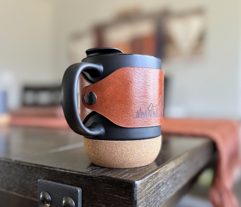 Leather wrapped laser engraved mountain mug