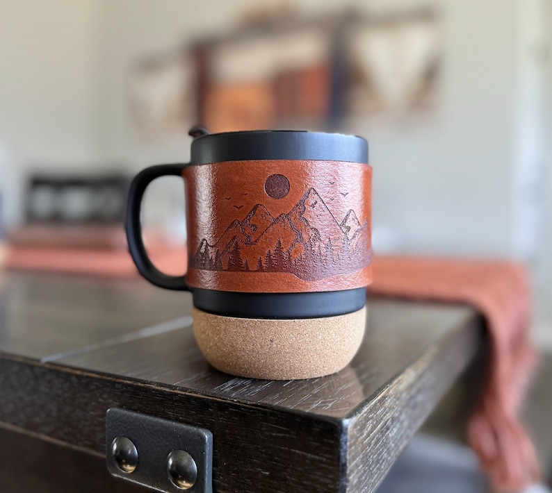 Matte Black Cork Base Ceramic Mug with Lid and Handmade Genuine Leather Laser Engraved Mountain Mug Sleeve/Wrap 13oz image 1