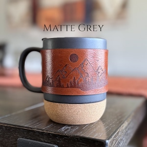 matte grey Leather wrapped laser engraved mountain mug