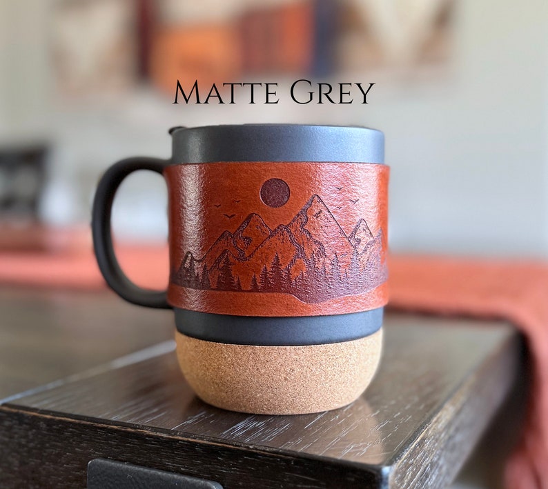 matte grey Leather wrapped laser engraved mountain mug