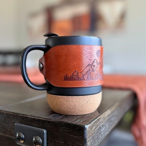 Leather wrapped laser engraved mountain mug