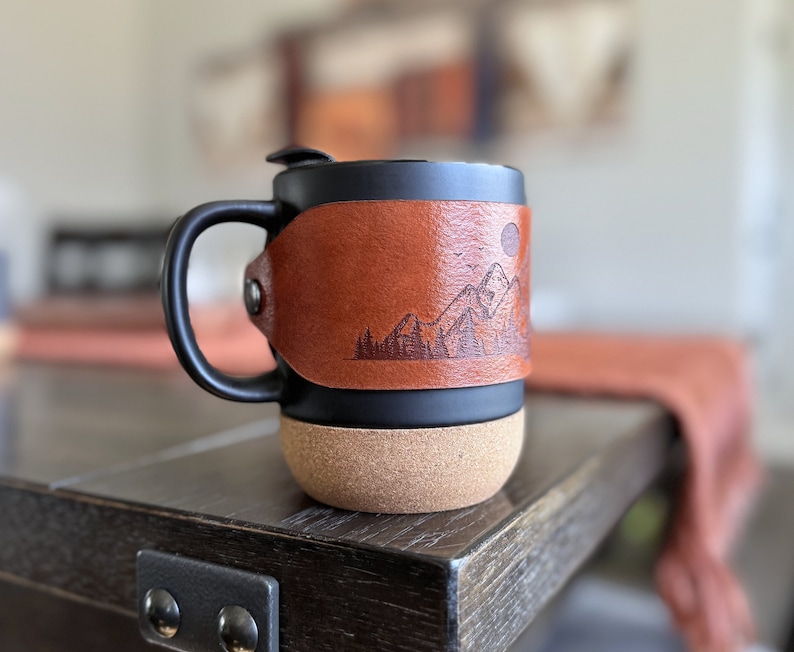 Leather wrapped laser engraved mountain mug