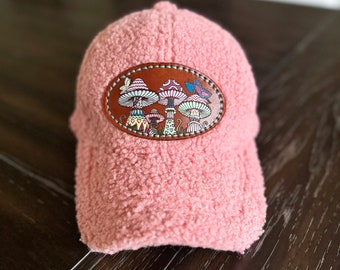 Women's Fuzzy Pink Baseball Hat with Hand Painted Mushroom Leather Patch