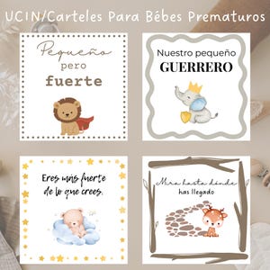 Puede incluir: Cuatro tarjetas cuadradas de anuncio de bebé con ilustraciones y texto. Una tarjeta presenta un león con las palabras "Pequeño pero fuerte." Otra muestra un elefante con "Nuestro pequeño GUERRERO." Una tercera tarjeta tiene un oso con "Eres más fuerte de lo que crees." La última tarjeta tiene un ciervo con "Mira hasta dónde has llegado."