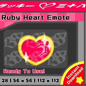 May include: A digital product box featuring a ruby heart emote. The heart is a vibrant red with gold trim and sparkling highlights. Text includes "Ruby Heart Emote", "Ready To Use!", and size dimensions. A red and yellow "Instant Download" sticker is also present.