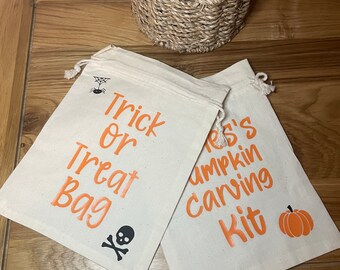 Halloween Treat Bags, Draw string bags, Pumpkin Carving Kit