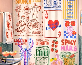Hand Drawn Doodle Shower Curtain Brunch Shower Curtain Unique Bathroom Decor Housewarming Coffee Pastry Breakfast Margrita Lobster Card Fish