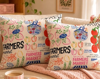 Tomato Pillow Case Hand Drawn Style Vegetable Strawberry Fruit Food Print Farmer's Market Summer Decor Cute Bedroom Accent Gift Farmhouse