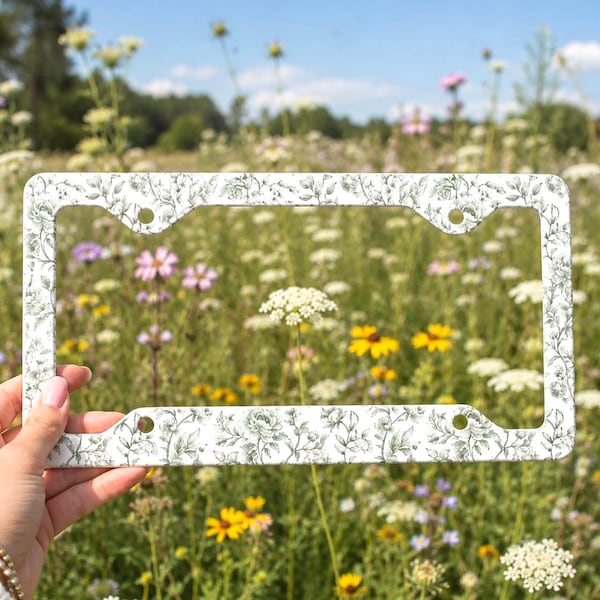 Sage Green Rose White License Plate Frame Metal License Frame 4 Hole Car Accessory Plate Cover Wildflower Cottagecore Elegant Floral Garden