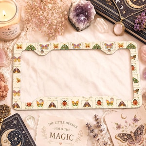 Moth Plate Frame Metal License Frame 4 Hole Car Accessory Sand Butterfly Floral Flower Garden Plant Magic Mystical Whimsical Bug Insect