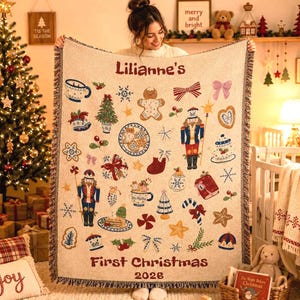Personalisierte gewebte Babydecke für das erste Weihnachtsfest – Geschenkidee mit Namen – Erinnerungsstück – Nussknacker-Weihnachtsteppich