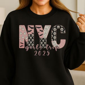 Custom NYC Halloween Sweatshirt Personalized Girls Trip Crewneck Spooky Fall Travel Sweater Matching Group Outfit Haunted New York Gift