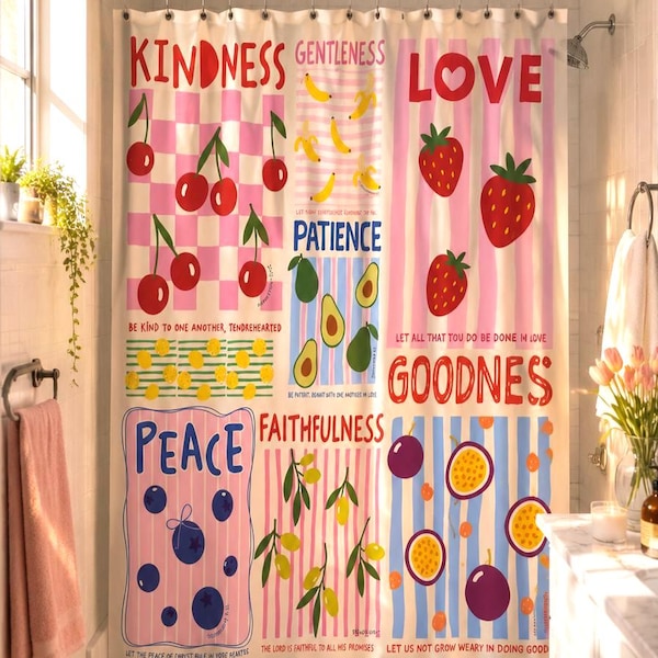 Positive Fruit Shower Curtain Retro Shower Curtain Unique Bathroom Decor Housewarming Kindness Cherry Banana Mental Health Affirmation Love