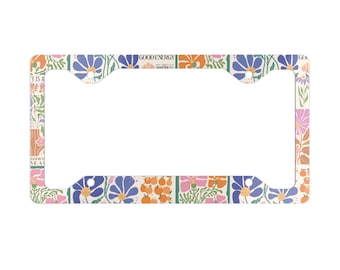 Groovy Blumen-Nummernschild Beige Metall Lizenzrahmen 4-Loch-Auto Zubehör Plate Cover Boho Blumen Garten Liebhaber Pflanze Wildblume Mandarine