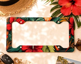 Hawaii License Plate Frame Retro Hibiscus Metal License Frame Tropical Car Accessories Plant Floral Botanical Summer Beach Leaf Flower Cute