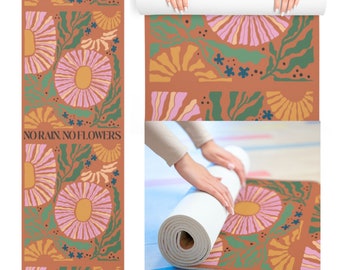 Tapete de Yoga Terracota com Estampa de Flores Silvestres, Estilo Retrô Boho, Arte Abstrata em Tons de Areia, Ideal para Autocuidado, Presente Perfeito para Amantes de Yoga, Instrutores de Fitness e Professores de Pilates.