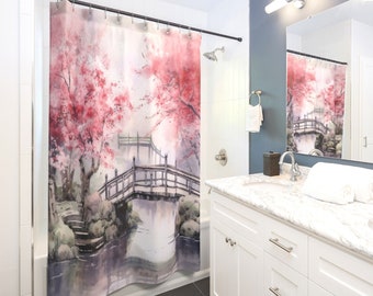 Japanese Flower Bridge Shower Curtain Boho Magic Y2K Shower Curtain Unique Bathroom Decor Housewarming Gift Spa Zen Pink Red Curtain Asian