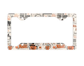 Positive Halloween License Plate Frame Ghost Pumpkin Car Accessories Spooky Auto Tag Holder Witchy Fall Vehicle Decor Gift