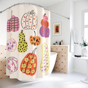 Pumpkin Shower Curtain Unique Bathroom Decor Housewarming Fall Home Decor Autumn Hand Drawn Pumkin Squash Gourd Cute