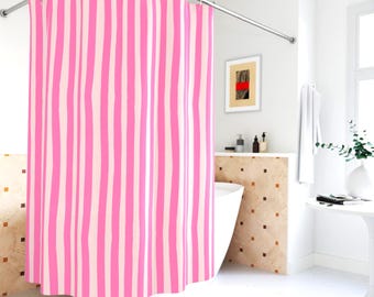 Pink Stripe Shower Curtain Unique Bathroom Decor Housewarming Apartment Coquette Girly Dorm Moving In New Home Hand Drawn Minimalist Color