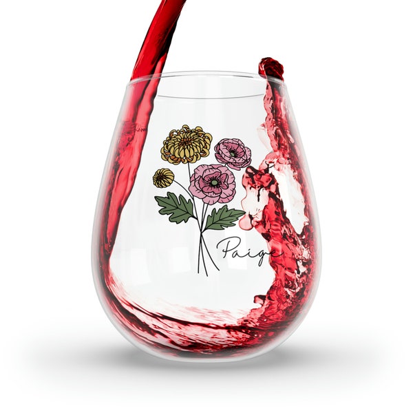 Custom Birth Flower Wine Glass Personalized Name Drinkware Floral Gift for Bridesmaids Stemless Wine Glass Bach Party Favors Wildflower