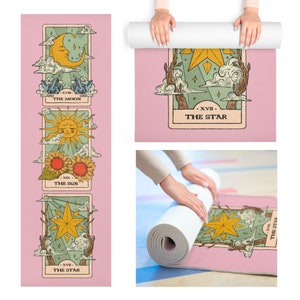 Pink Tarot Card Yoga Mat Retro Moon Star Sun Gen Z Witchy Pilate Mat Witch Yoga Lover Instructor Fitness Teacher Mom Gift Gothic Home Gym