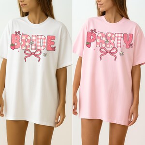 Strawberry Bride Party Shirts Coquette Bow Cute Bachelorette Tee for Bridal Squad Wedding Weekend Matching Girls Trip Outfits Fruit Daisy