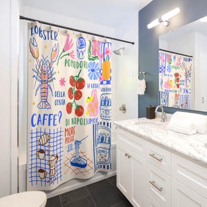 Hand Drawn Doodle Shower Curtain Lobster Shower Curtain Unique Bathroom Decor Housewarming Coffee Flower Tomato Sardines Fish Lemon Pastry