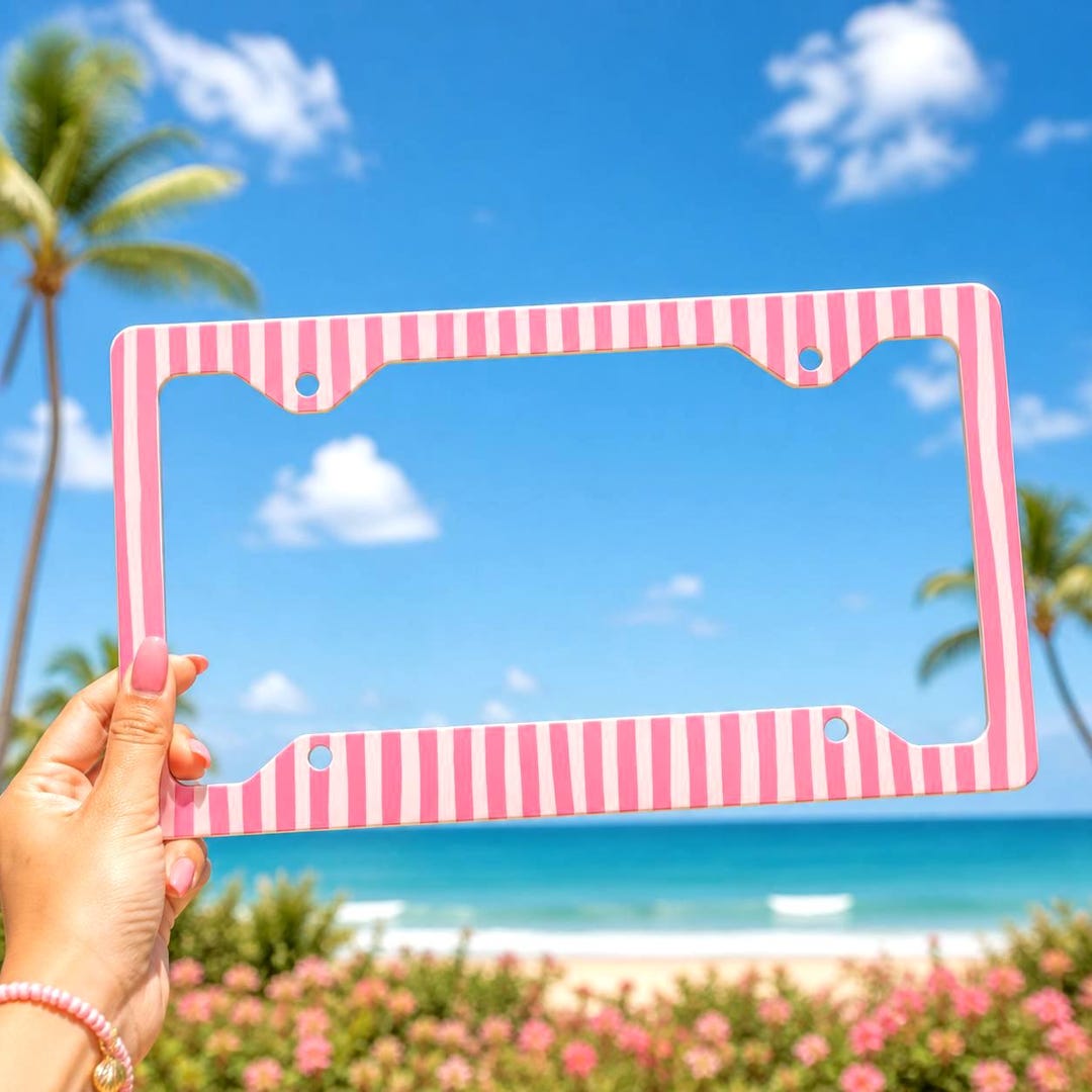 Pink License Frame Pink Stripe License Plate Frame Metal License Frame 4 Hole Car ...