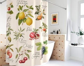 Tenda da doccia con frutta, decorazione unica per il bagno, inaugurazione della casa, estate, amante della frutta, buongustaio, fattoria, mercato agricolo, positività, limone, arancia, mela