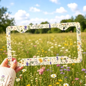 May include: A rectangular license plate frame featuring a cream-colored background decorated with a colorful pattern of various wildflowers, including small blue, yellow, pink, and green floral illustrations across the entire border surface.