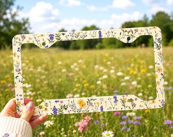 Wildflower License Plate Frame Spring Flower Metal License Frame Boho Floral Car Accessories Driver Cottagecore Sand Nature Lover Summer
