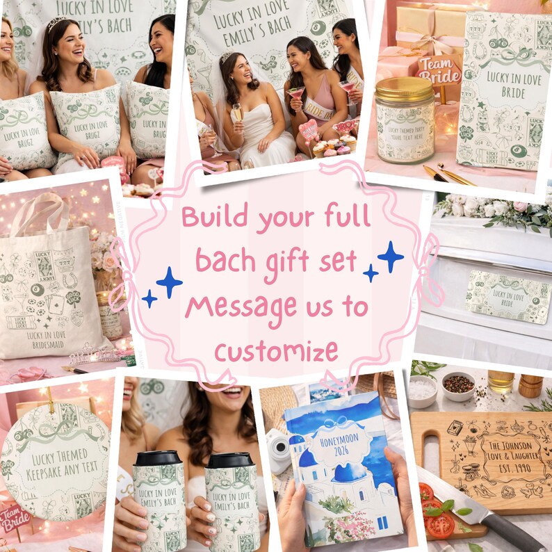 May include: A collection of personalized bachelorette party gifts including a tote bag, candle, notebook, can coolers, and cutting board, all featuring green line art illustrations and the text Lucky in Love, Emily's Bach, or Honeymoon 2076.