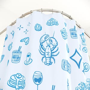 Food Doodle Shower Curtain Blue Shower Curtain Unique Bathroom Decor Housewarming Brunch Coffee Sardine Crap Noodle Italian Seafood Lobster