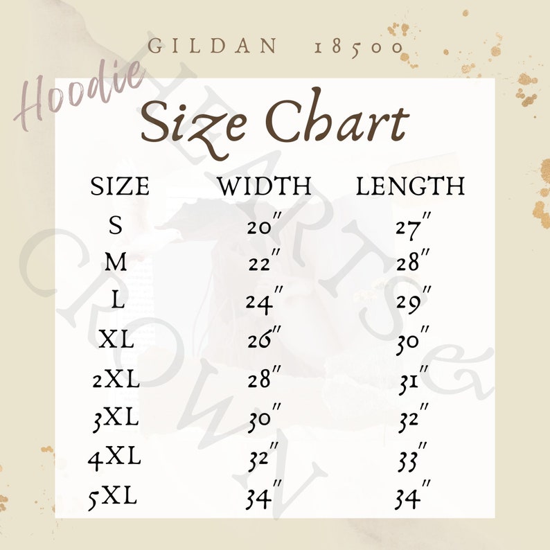 May include: Size chart for Gildan 18500 hoodies, showing width and length measurements in inches for sizes S through 5XL.