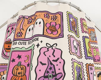 Halloween Shower Curtain Ghosts Shower Curtain Unique Bathroom Decor Housewarming Spooky Cat Pumpkin Fall Decor Skeleton Witchy Bat Stamp