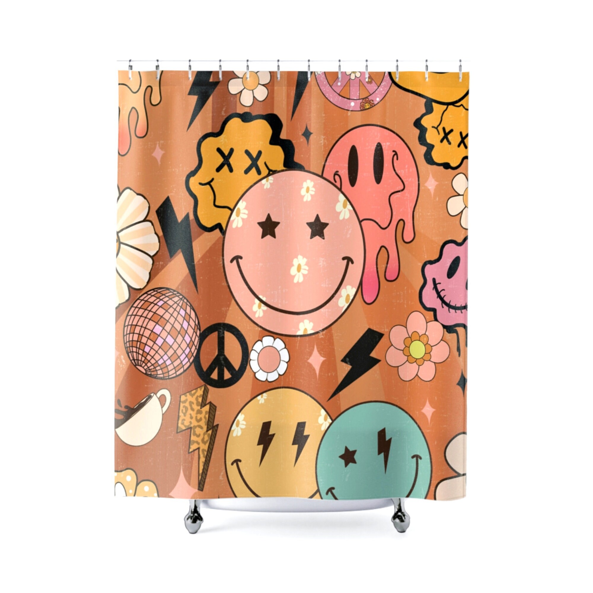 Retro Daisy Floral Trippy Shower Curtain 70s Lightning Bolt Etsy