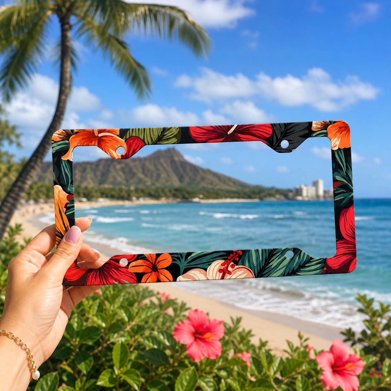 Hawaii License Plate Frame Retro Hibiscus Metal License Frame