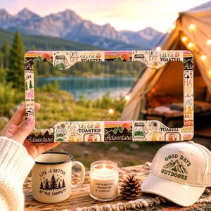 Adventure License Plate Frame Metal License Frame 4 Hole Car Accessory Plate Cover Camping Forest Camp Forest Explore Retro Sunrise Sun