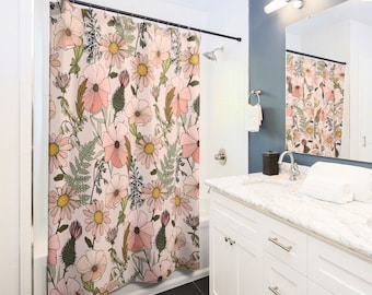 Pink Wildflower Shower Curtain Cottagecore Spring Shower Cover Unique Bathroom Decor Housewarming Floral Bathtub Curtain Nature Botanical
