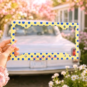 Texte personnalisé, jaune, bleu, poka dot, cadre, plaque d'immatriculation