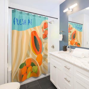 Fruit Shower Curtain Mediterranean Shower Curtain Unique Bathroom Decor Housewarming Summer Vacation Costal Beach Orange Papaya Strawberry