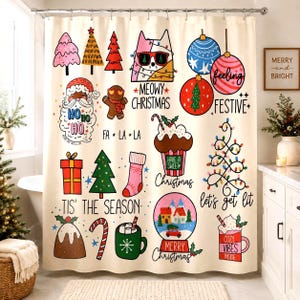 May include: A cream-colored shower curtain featuring a repeating pattern of colorful Christmas-themed illustrations including a cat with sunglasses, Santa Claus, a gingerbread man, ornaments, gifts, trees, a snow globe, and mugs with text like Meowy Christmas.