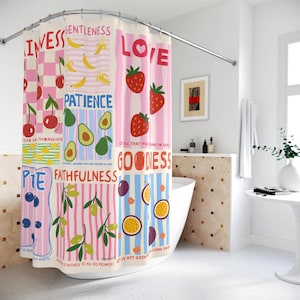 Positive Fruit Shower Curtain Retro Shower Curtain Unique Bathroom Decor Housewarming Kindness Cherry Banana Mental Health Affirmation Love