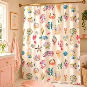 May include: A cream-colored shower curtain featuring a repeating pattern of colorful watercolor marine life, including various fish, crabs, lobsters, seahorses, jellyfish, seashells, and coral formations in shades of pink, blue, and orange.